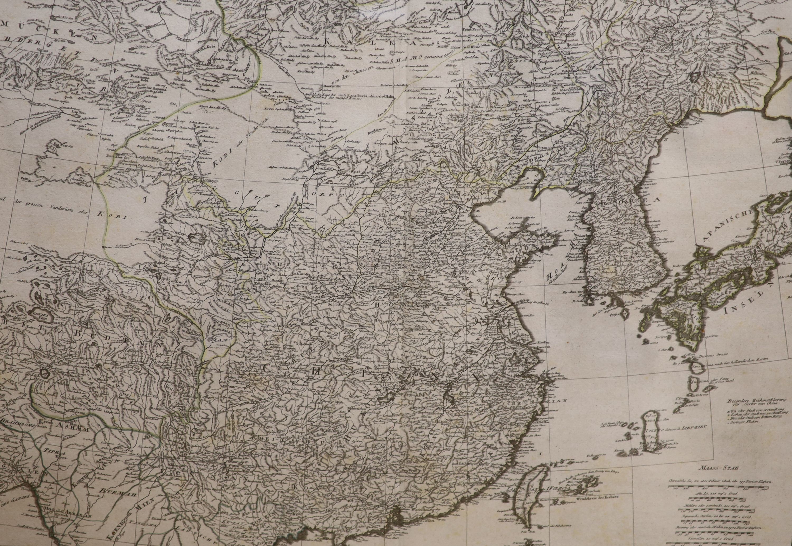 Von Herrn F.A.Schraembl, an engraved two part map of Asia including China, 1786, 50 x 70cm.